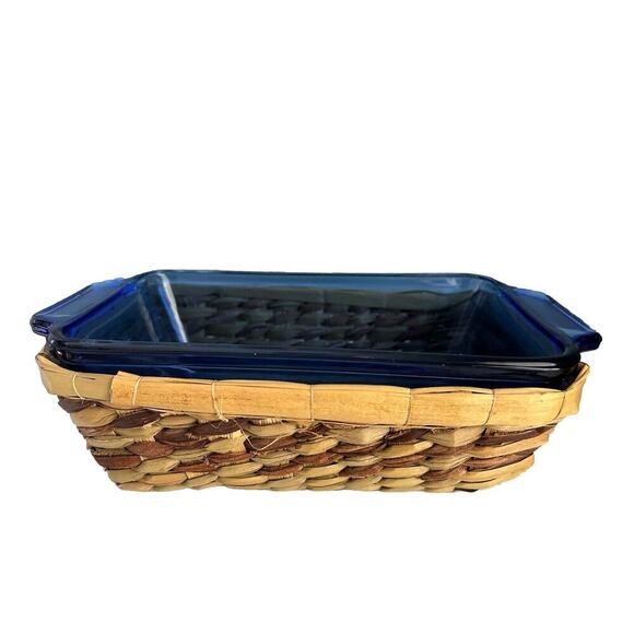 Cobalt Blue Anchor Hocking Loaf Dish 1.5 Qt Baking Pan w/ Woven Serving Basket - Picture 1 of 9